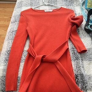 Elegant Orange Ribbed Knit Dress